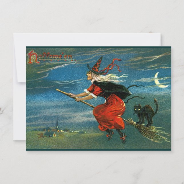 Carte Sorcière d'Halloween volante avec chat (Devant)