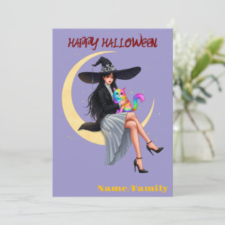 Carte Sorcière élégante et chat arc-en-ciel Halloween