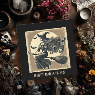 Carte Sorcière Élégante sur Balai Halloween Vintage Noir