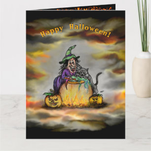 Carte Sorcière et chat noir, Happy Halloween !