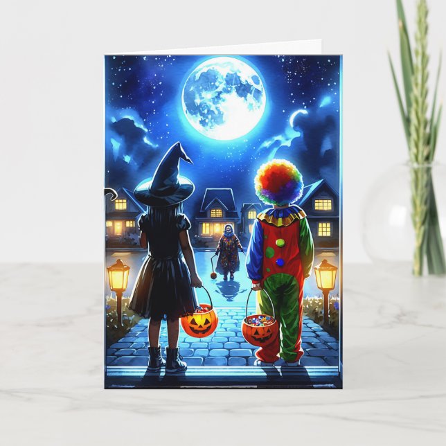 Carte Sorcière et clown regardant un Halloween monstre (Devant)
