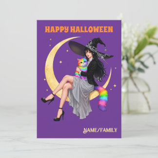 Carte Sorcière Fantaisiste et Chat Arc-en-ciel Halloween