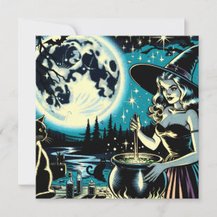 Carte Sorcière Halloween vintage remuant un chaudron