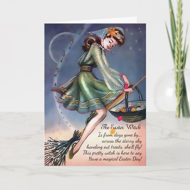 Carte sorcière Pâques vintage personnalisable (Devant)