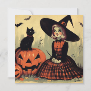 Carte Sorcière rétro Halloween et chat noir mignon