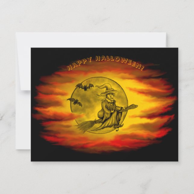 Carte Sorcière volante avec chat noir, nuit halloween (Devant)