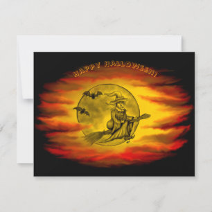 Carte Sorcière volante avec chat noir, nuit halloween