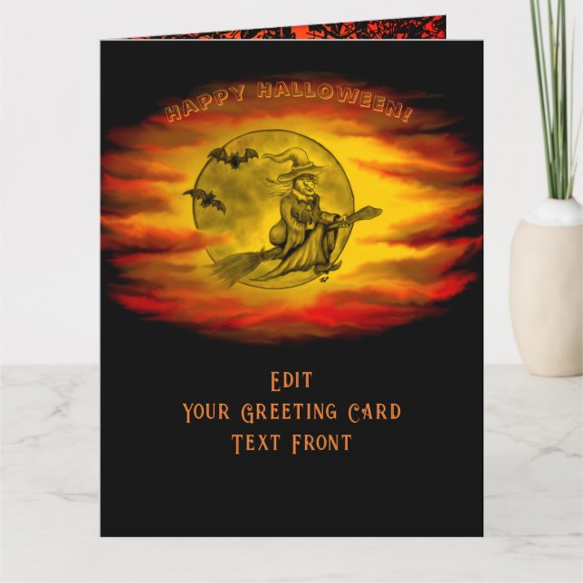Carte Sorcière volante avec chat noir, nuit halloween (Devant)