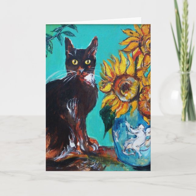 CARTE SOUCHES AVEC CHAT NOIR EN TURQUOISE BLEUE (Devant)