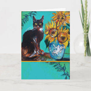 CARTE SOUCHES AVEC CHAT NOIR EN TURQUOISE BLEUE