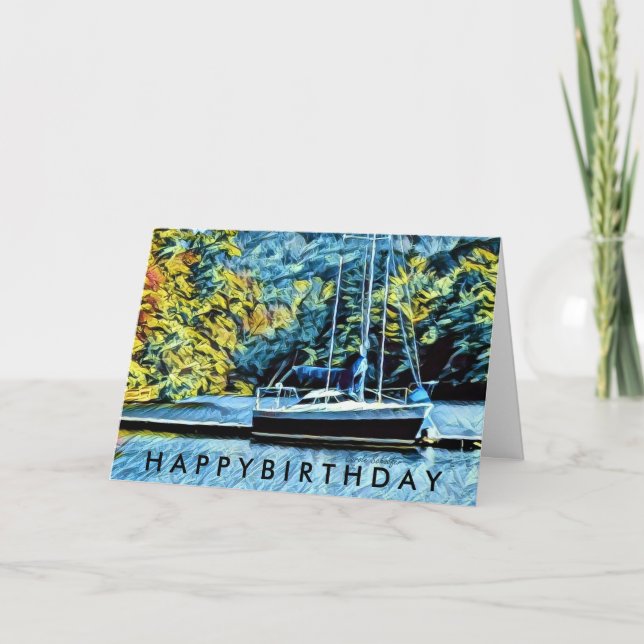 Carte Souhaits d'anniversaire de péniche de lac pour les (Devant)