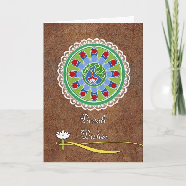 Carte Souhaits de Diwali, Rangoli et fleur de Lotus (Devant)