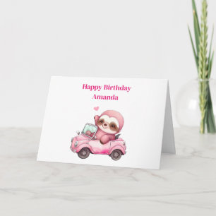 Carte Sourire rose Sloth conduisant un Anniversaire conv