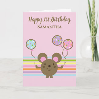 Carte Souris à bulle rose joyeux 1er anniversaire