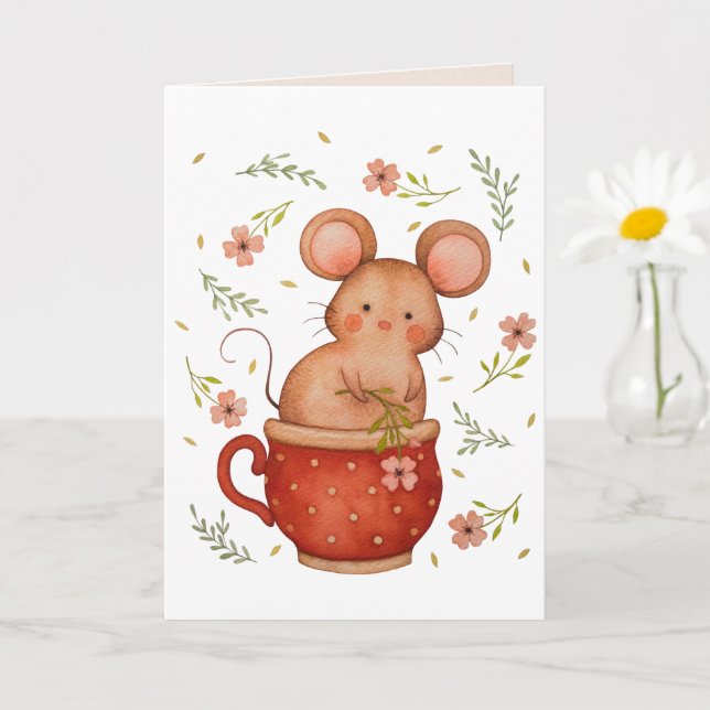Carte Souris Aquarelle Cute Dans Un Teup Anniversaire (Petite plante)