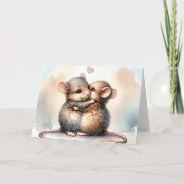 Carte Souris aquarelle d'anniversaire s'étreignant (Devant)