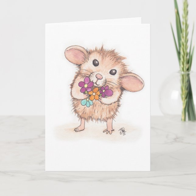 Carte Souris avec bouquet de fleurs Joyeux anniversaire (Devant)