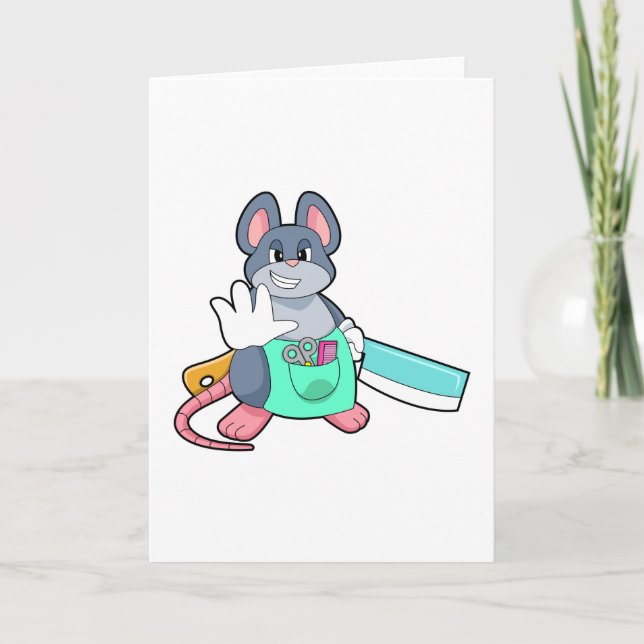Carte Souris coiffeuse avec ciseaux et peigne (Devant)