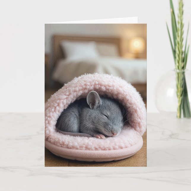 Carte Souris d'anniversaire dormant dans une chausson ro (Devant)