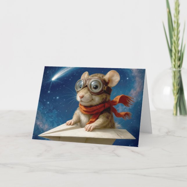 Carte Souris d'anniversaire enfant volant dans un avion  (Devant)