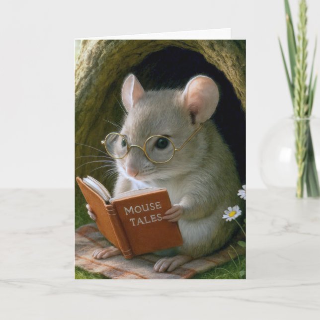 Carte Souris d'anniversaire Lecture d'un livre dans un t (Devant)
