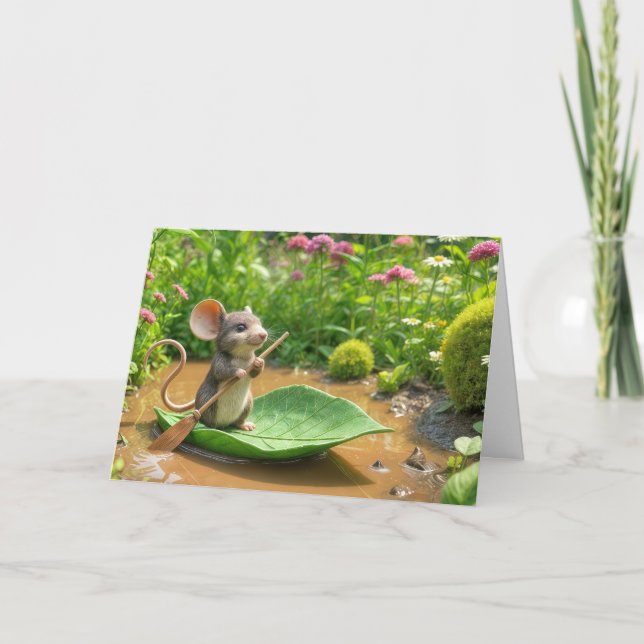 Carte Souris d'anniversaire remorquer un bateau à feuill (Devant)