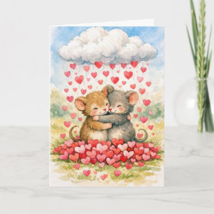 Carte Souris d'anniversaire sous un nuage de cœurs