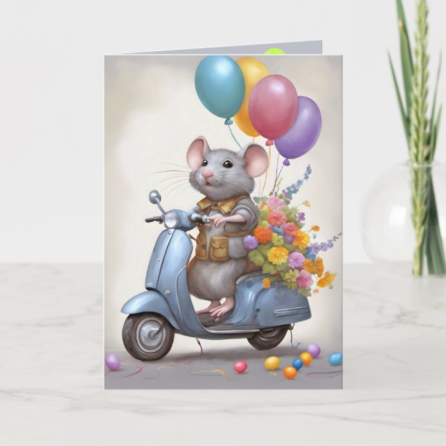Carte Souris d'anniversaire sur un scooter (Devant)