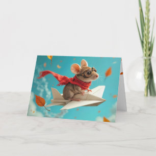 Carte Souris d'anniversaire volant un avion en papier