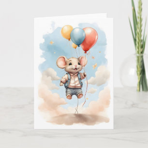 Carte Souris d'aquarelle mignonne flottante avec ballons