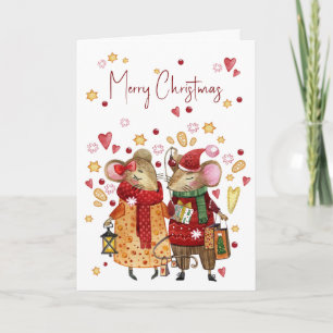 Carte Souris de Noël aux Coeurs et aux Étoiles