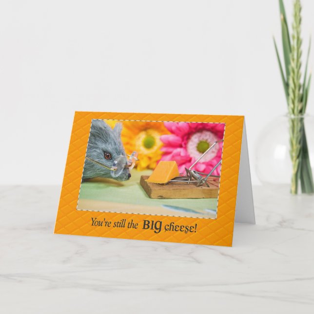 Carte Souris gris avec anniversaire au fromage (Devant)