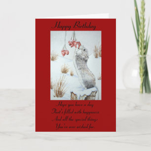 Carte Souris mignonne et baies rouges scène de neige