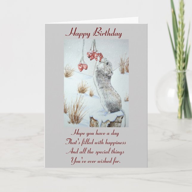 Carte Souris mignonne et baies rouges scène de neige (Devant)