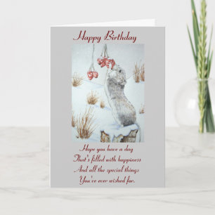 Carte Souris mignonne et baies rouges scène de neige
