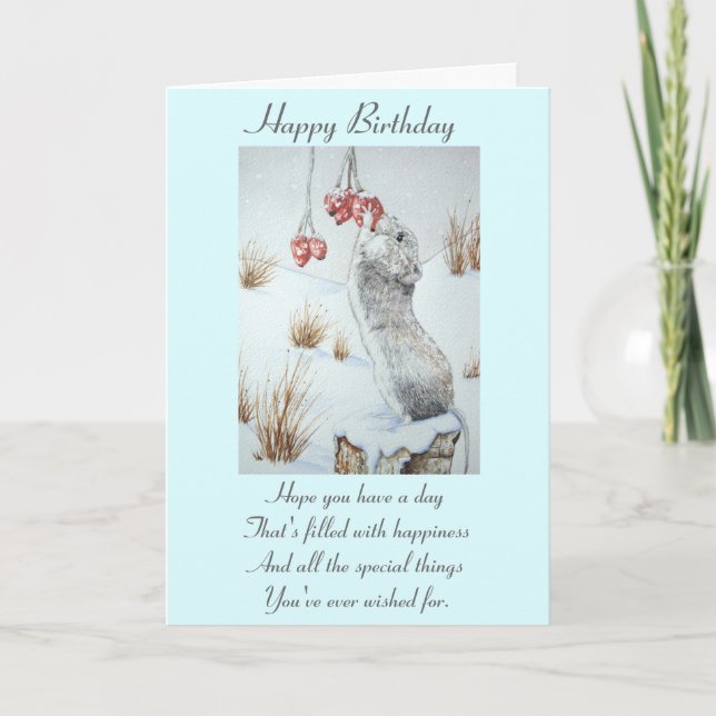 Carte Souris mignonne et baies rouges scène de neige (Devant)