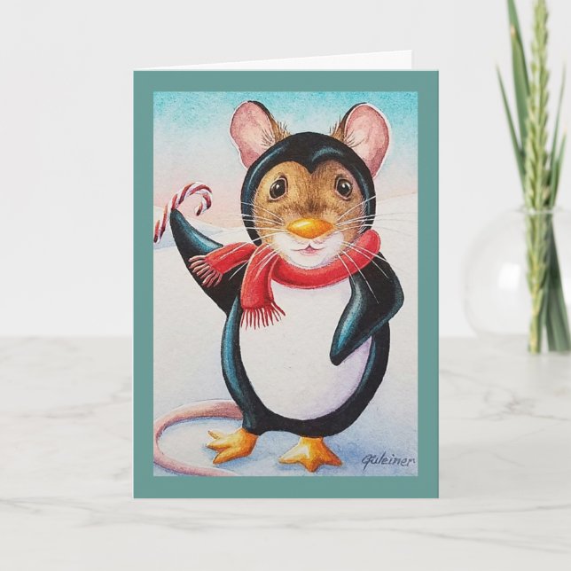 Carte Souris pingouin au pôle Nord capricieux - Art aqua (Devant)