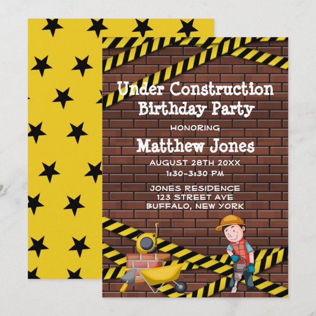 Carte Sous Construction briques fête d'anniversaire (Devant / Derrière)
