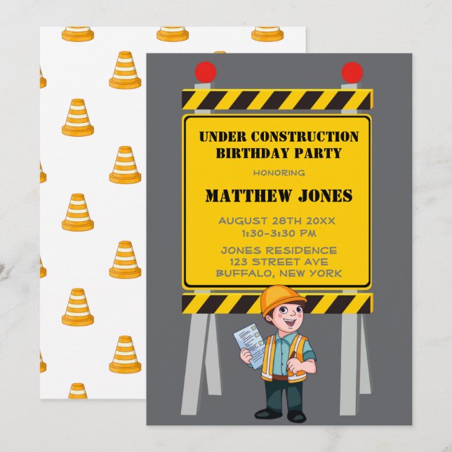 Carte Sous Construction Builder fête d'anniversaire (Devant / Derrière)