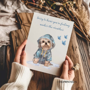 Carte Sous la pluie avec un adorable Yorkie bleu aquarel