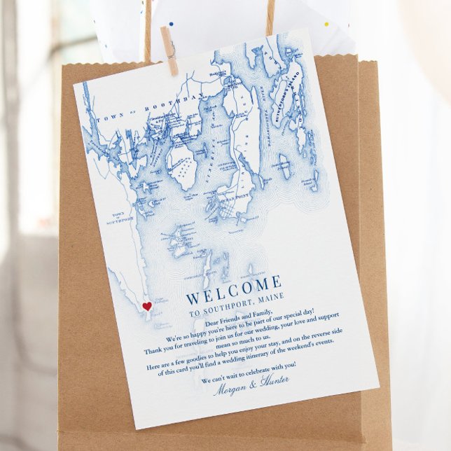 Carte Southport Maine Mariage Bienvenue Itinéraire (These Southport Island Maine wedding welcome letters include a wedding itinerary n the back)