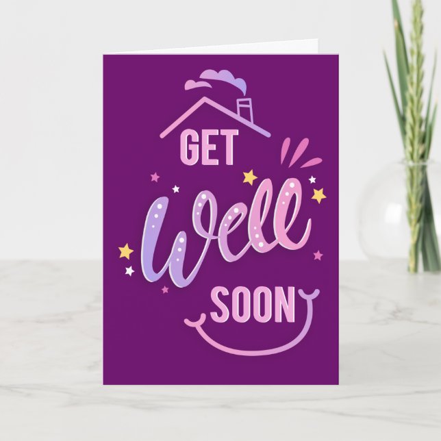 Carte Soyez Bien Bientôt Jolie Maison Violet Salutation (Devant)