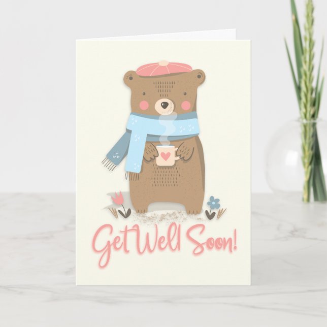 Carte Soyez bien Bientôt mignon ours dans les salutation (Devant)