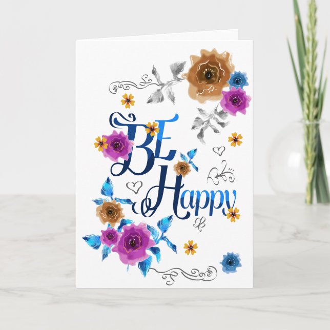 Carte Soyez heureux Quote Positive Bleu Purple Or Fleurs (Devant)