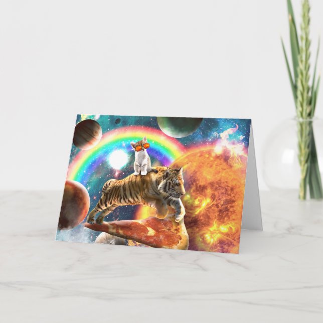 Carte Space Galaxy Cat Riding Tiger sur Pizza (Devant)