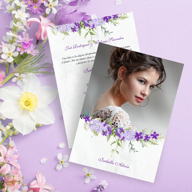 Carte Spanish Quinceañera Photo Floral Garland in Purple (Créateur téléchargé)