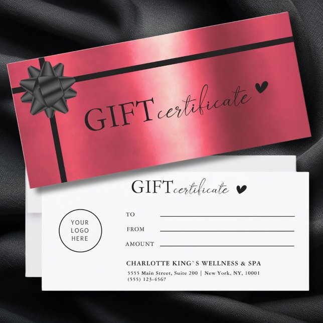 Carte Spécifique au client, Logo Certificat cadeau d'ent (Customer specific, Logo, Salon, Red-Black, Ribbon, Business Gift Certificate.)