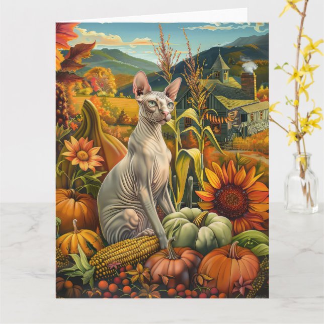 Carte Sphynx Chat Automne Harvest Thankgiving (Fleur jaune)