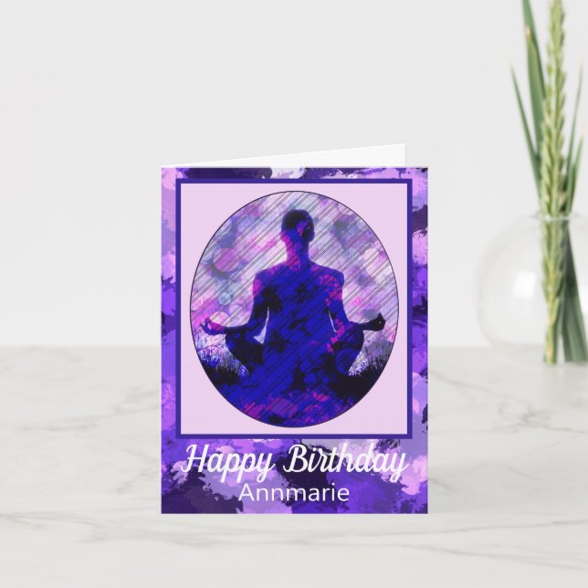 Carte Spirituel Violet assis Yoga Anniversaire (Devant)