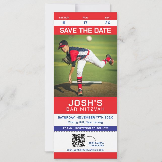 Carte Sport Ticket Bar Mitzvah Enregistrer La Date QR Co (Devant)